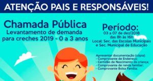 CHAMADA PÚBLICA: LEVANTAMENTO DE DEMANDA PARA CRIANÇAS DE 0 A 3 ANOS NAS CRECHES MUNICIPAIS EM 2019