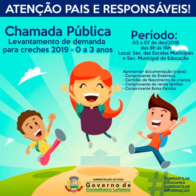 CHAMADA PÚBLICA: LEVANTAMENTO DE DEMANDA PARA CRIANÇAS DE 0 A 3 ANOS NAS CRECHES MUNICIPAIS EM 2019