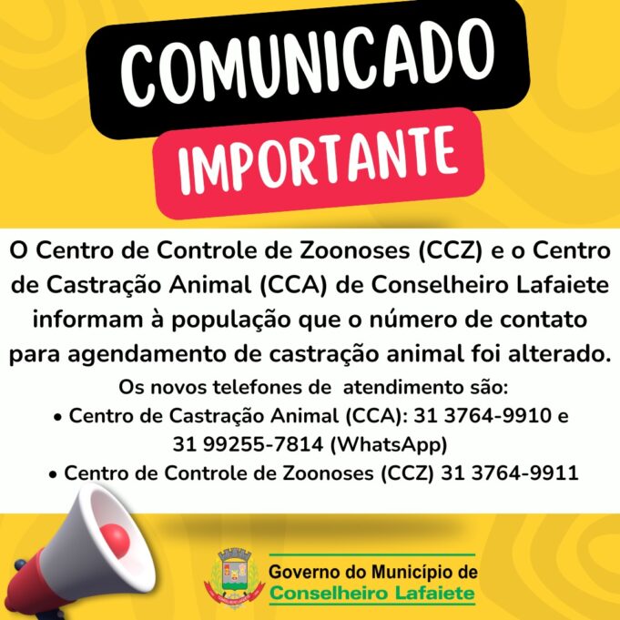 ATENÇÃO!!! Novo número para agendamento de castração animal em Conselheiro Lafaiete.
